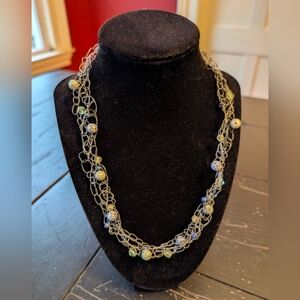 Unique Metal Beaded Crochet Necklace Artistic Boho Chic Modern Handmade 20"
